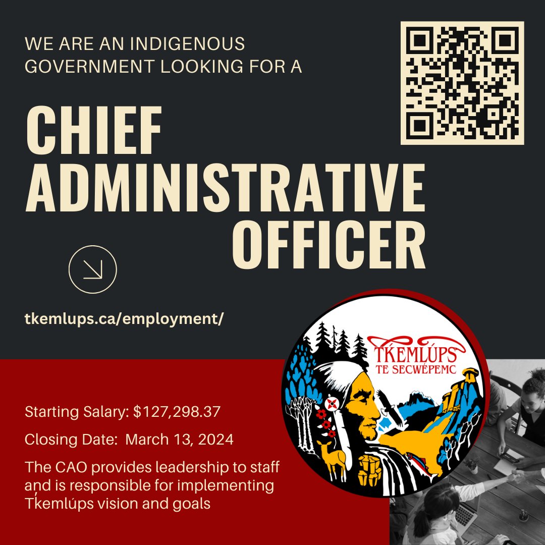 @Tkemlups is currently seeking a CAO who will play a key role in leading staff and implementing the Chief & Council's vision and goals. The CAO will oversee member service entities to maintain a high level of service and support. Apply → ttes.scouterecruit.net/jobs/TTES59-ch…