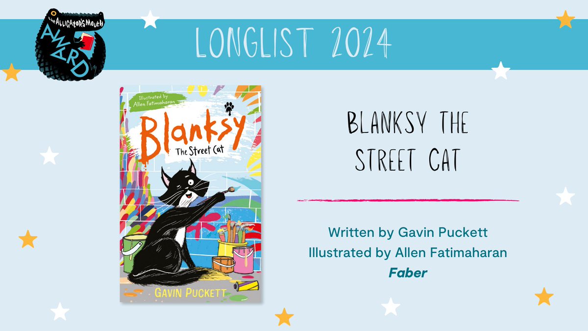 Alligator's Mouth (@alligatorsmouth) on Twitter photo Blanksy the Street Cat, written by Gavin Puckett <a href="/GavPuck/">Gavin Puckett</a> and illustrated by Allen Fatimaharan <a href="/AFatimaharan/">Allen Fatimaharan</a> (Faber <a href="/FaberChildrens/">Faber Children's</a>)
#AlligatorsAward Blanksy the Street Cat, written by Gavin Puckett <a href="/GavPuck/">Gavin Puckett</a> and illustrated by Allen Fatimaharan <a href="/AFatimaharan/">Allen Fatimaharan</a> (Faber <a href="/FaberChildrens/">Faber Children's</a>)
#AlligatorsAward