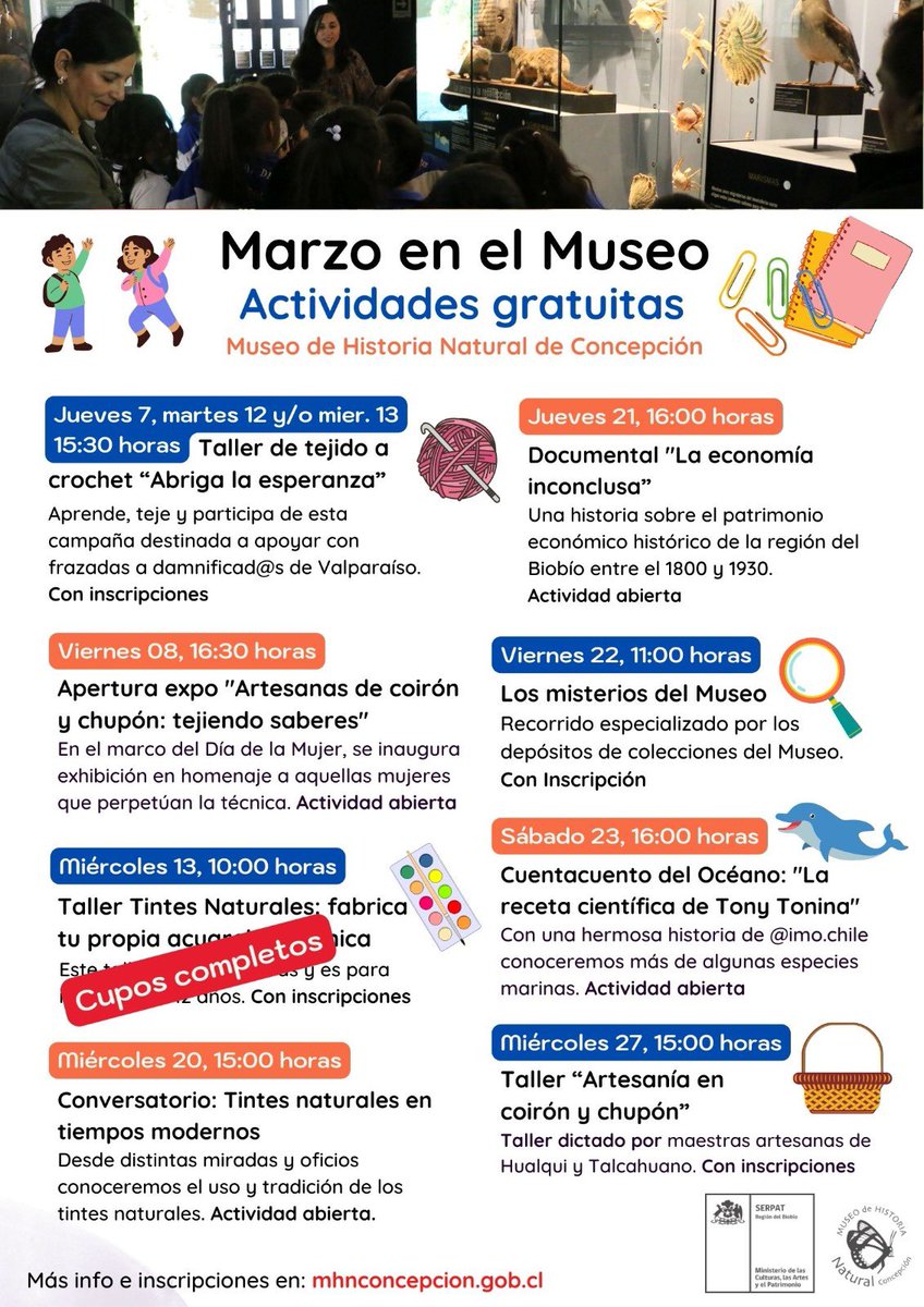 📚 Se nos vino marzo y para recibirlo con toda la energía hemos preparado una agenda de actividades gratuitas.
Revisa la cartelera la cartelera en nuestra web mhnconcepcion.gob.cl/cartelera

Te esperamos!!
#Concepción #cultura #patrimonio #panoramas