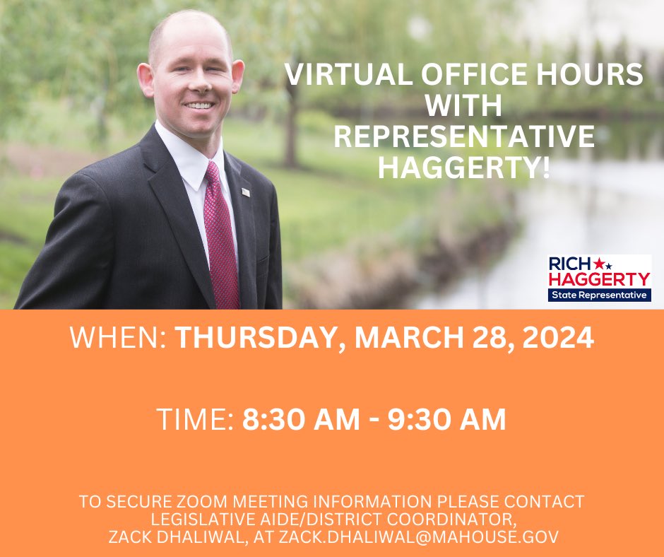 Announcing my next virtual Office Hours! Either myself or a member of my staff will be present to answer any questions you have. If you aren’t able to attend, you can email Zack Dhaliwal at Zack.Dhaliwal@mahouse.gov.