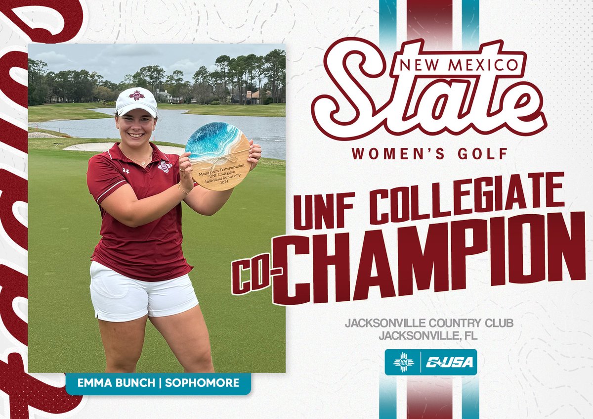 NMStateWGolf's tweet photo. The dominance continues! Emma Bunch brings home her second title is two weeks!🏆

At -12, Bunch has been crowned the UNF Collegiate Co-Champion!🔥

#AggieUp https://t.co/g86viCEHcC