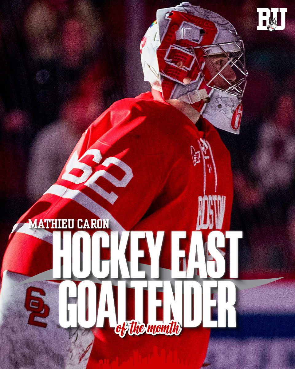 Mathieu Caron Hockey East Goaltender of the Month graphic featuring photo of Caron on the ice in his red jersey during starting lineup announcements.