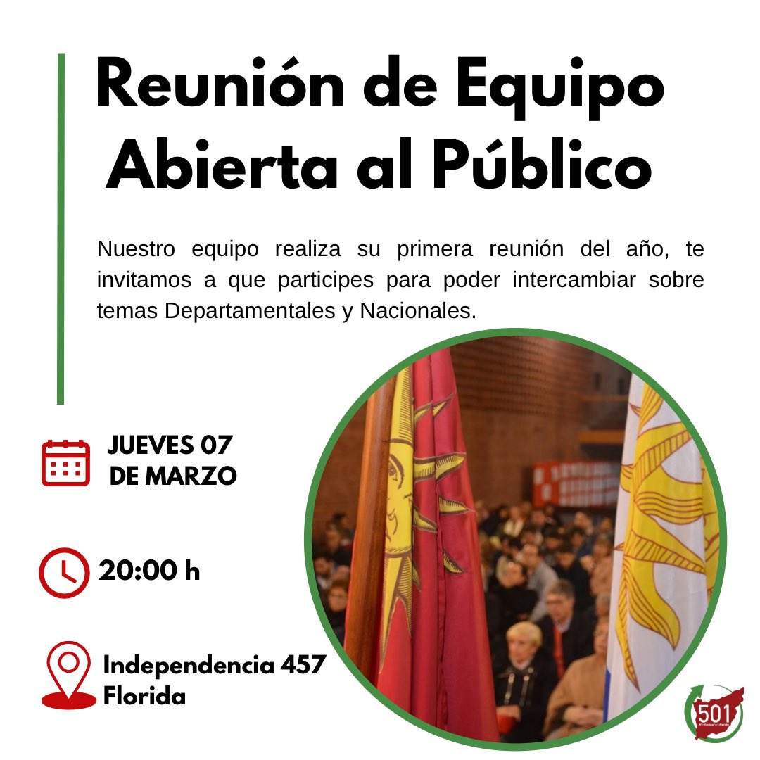 🗓️| Este jueves 7, a las 20 h, en nuestro club realizamos nuestra reunión abierta, para poder hablar de la realidad departamental, dar cuenta de nuestras últimas acciones en la Junta Departamental y escuchar a todos en sus demandas y opiniones en cuanto a Florida. 
TE ESPERAMOS!
