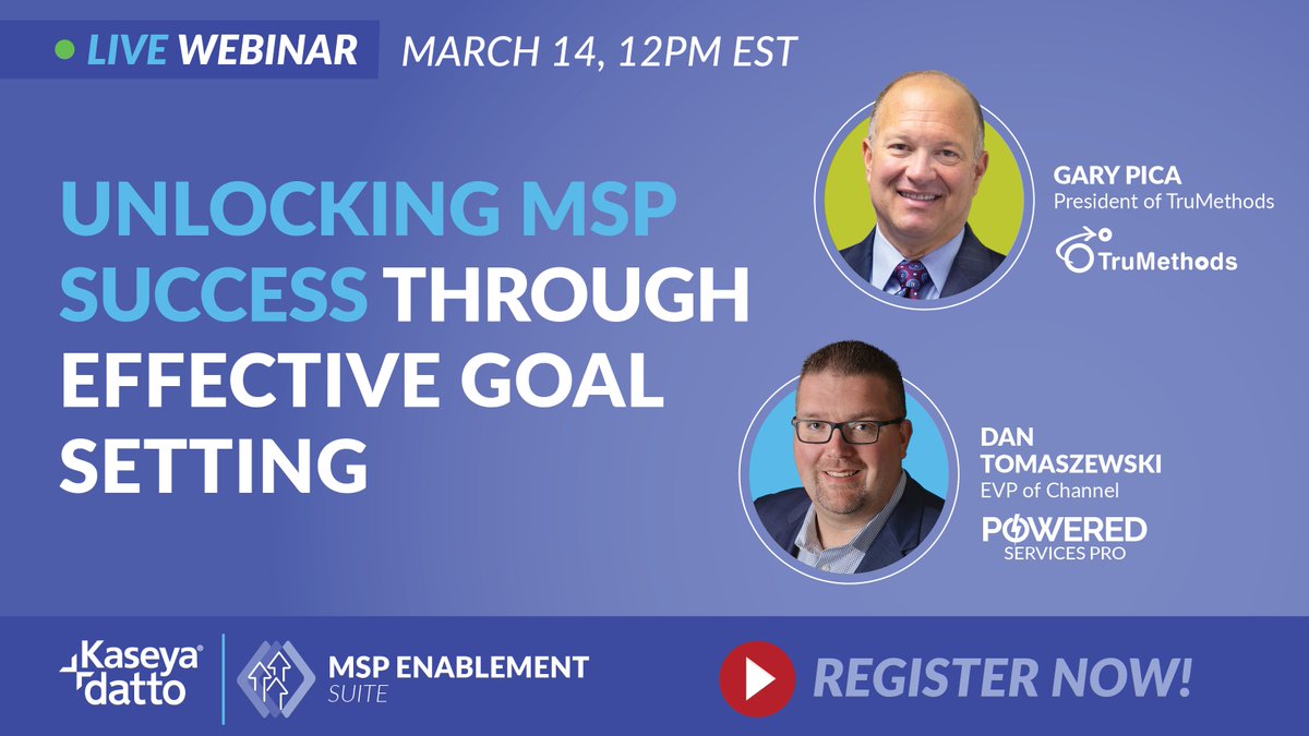 New to goal setting? @garypica and EVP of Channel at @KaseyaCorp Dan Tomaszewski will provide you with the tools and knowledge needed to harness the power of goal setting and propel your MSP business to new heights in 2024. #MSPs #Webinar bit.ly/3uZMiFV