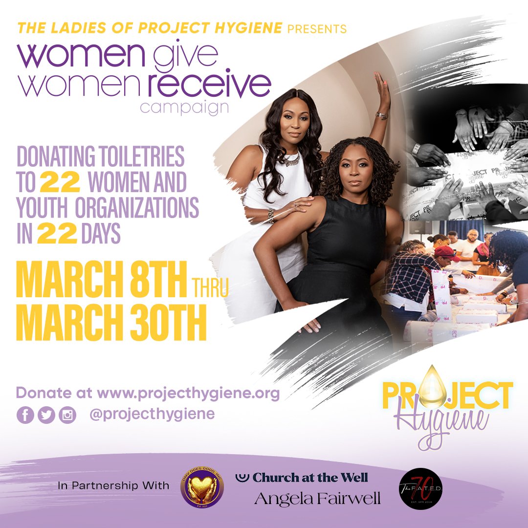 ProjectHygiene's tweet image. Join #ProjectHygiene for the 2024 Women Give, Women Receive Campaign. For 22 days we will host a virtual toiletry drive to support 22 women and youth organizations.   

For more information visit: projecthygiene.org/wgwr-2024 #PHWGWR