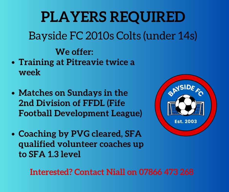 Bayside FC 2010 Colts are looking to add players to our squad.

Interested players should contact us on 07866 473 268 for an informal chat.