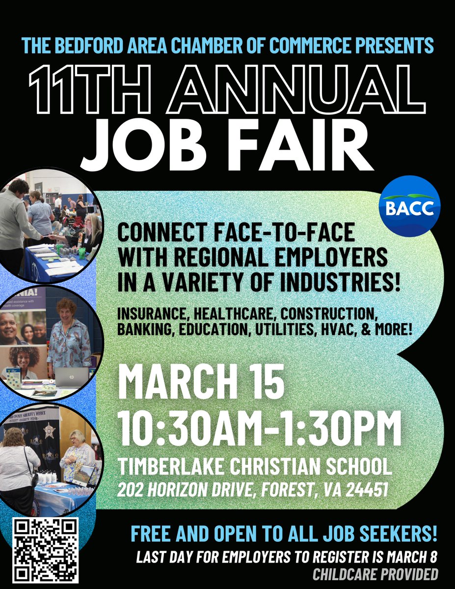 HAPPENING FRIDAY! The @BedfrdAreaChmbr is holding its Annual Job Fair from 10:30 a.m. until 1:30 p.m. at Timberlake Christian School, 202 Horizon Dr. in Forest. Connect with employers in a variety of industries. Admission is free! Come learn about opportunities in our community.