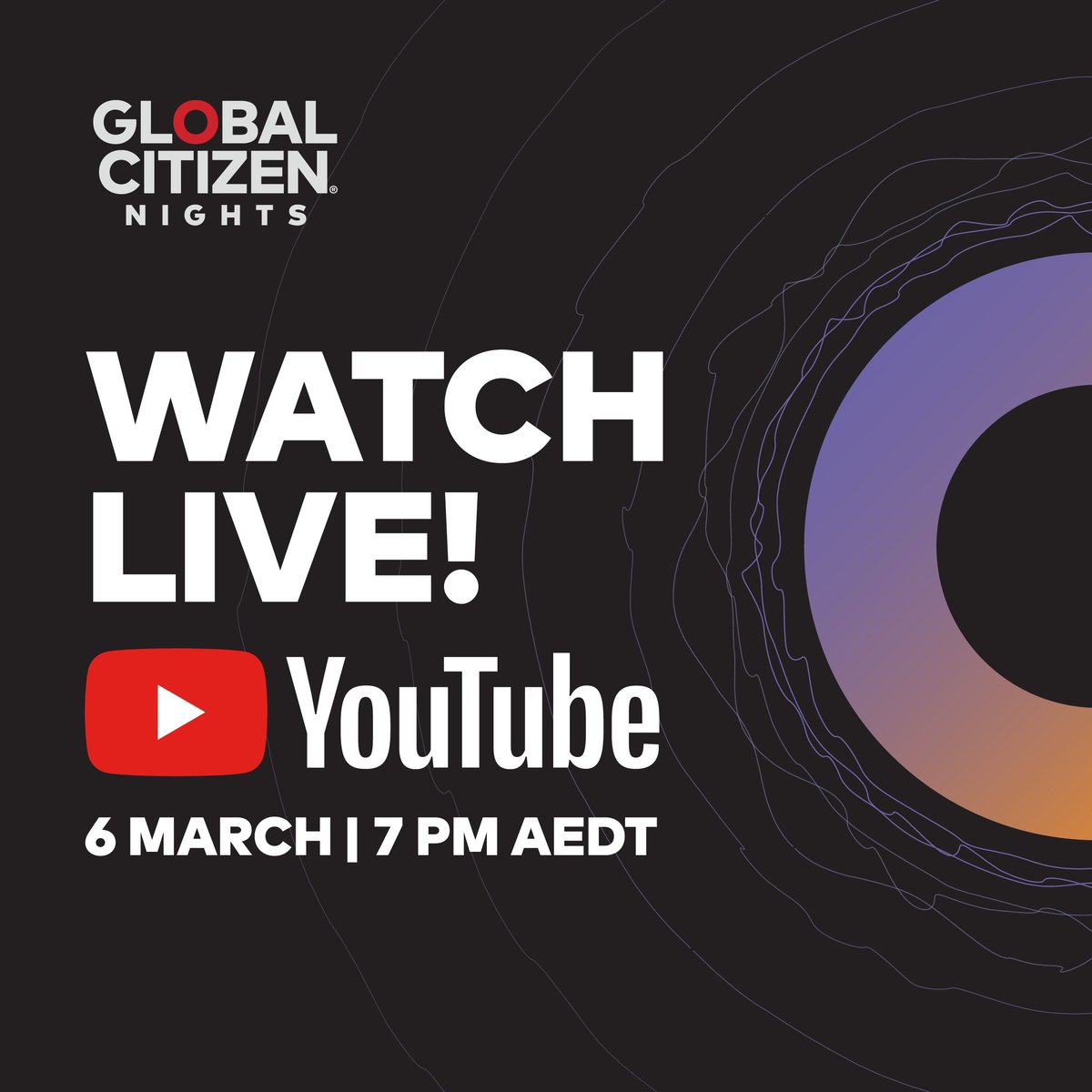 Can’t make it to #GlobalCitizenNights? Good news: you can tune in LIVE on YouTube! The show starts at 7 pm AEDT, so get that alarm set ⏰ and make sure you tune in 👇 youtube.com/live/Xkn7_S5uv…