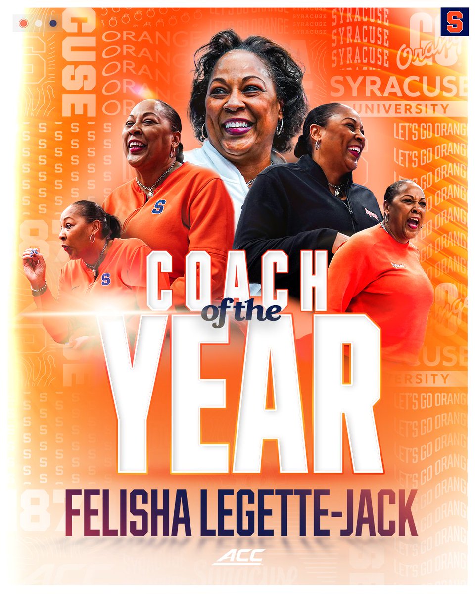 Syracuse Women's Basketball (@cusewbb) on Twitter photo Coach. Leader. Phenomenal Woman.
<a href="/CuseCoachJack/">Felisha Legette-Jack</a> is the ACC Coach of the Year! Coach. Leader. Phenomenal Woman.
<a href="/CuseCoachJack/">Felisha Legette-Jack</a> is the ACC Coach of the Year!