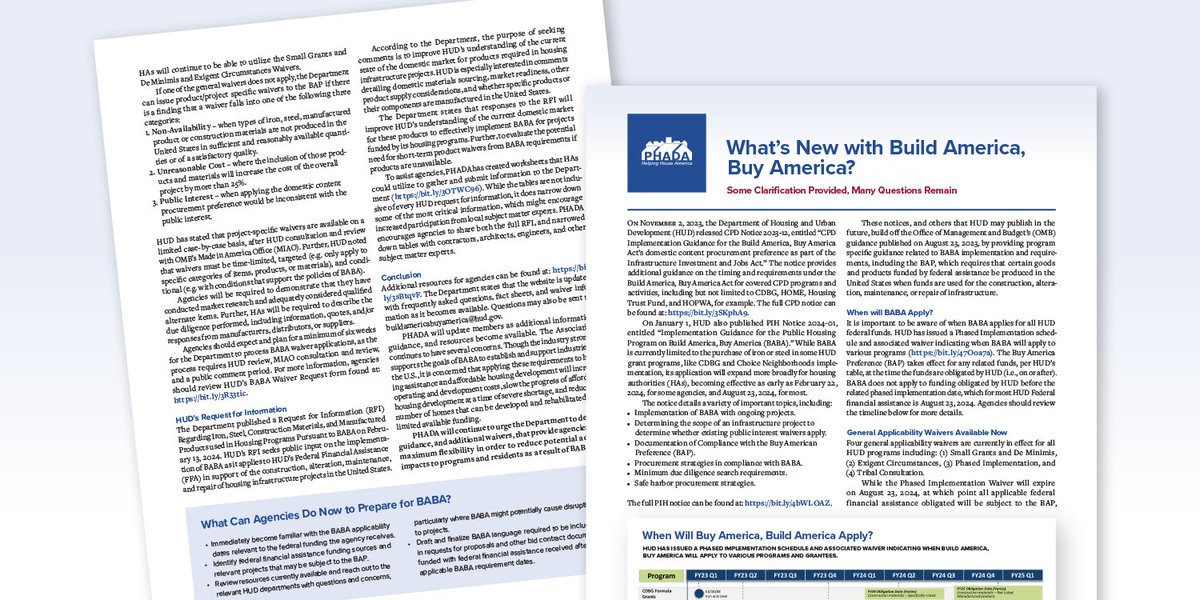 PHADA_USA's tweet photo. The new PHADA brief on BABA outlines requirements, available waivers, and timeline in 2 pages. It also provides details for how HAs can best prepare. More info will be covered at PHADA’s Annual Convention in New Orleans, June 2–5. Download the PDF here: https://t.co/GBMT7mBPtU https://t.co/1DmtTUBXCD