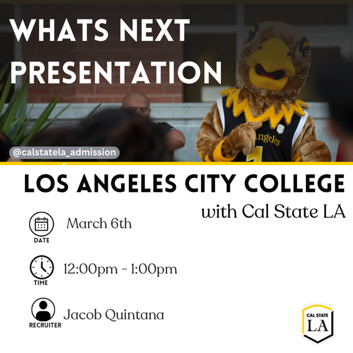 LACityCollege's tweet image. 🎓 Wondering What's Next after applying to transfer to CSULA?

Don't miss the "What's Next" presentation hosted by Cal State LA!

📅 Join us on March 6th from 12-1pm to explore your options and learn about transferring to Cal State LA.

#CalStateLA #WhatsNextPresentation #LACC