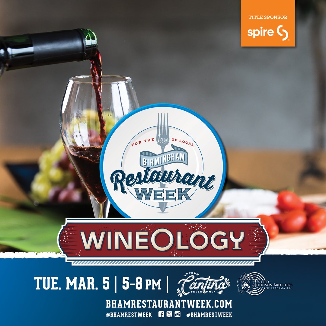 Join us tonight, Tuesday, March 5 from 5 to 8 p.m. at @UptownCantina for our signature wine flight tasting event, Wineology! ❄️Tickets are $35 per person in advance, $40 at the door. Get yours now at bit.ly/3Aa8IRU. 

#BhamRestWeek #BRW2024