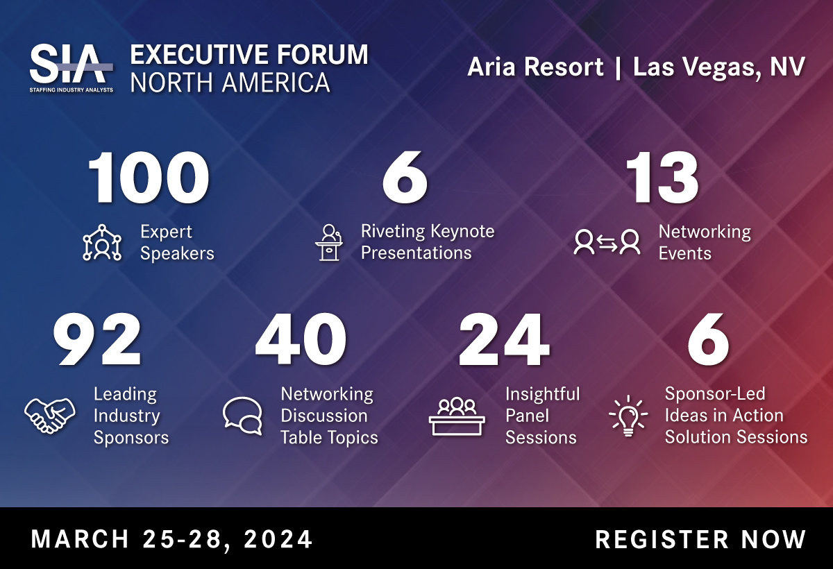 ⏳ #ExecForum is only three weeks away! Under the theme "Leadership in a Time of Turbulence," SIA provides new strategies for #staffing executives to steer through disruption.

Be a part of the ultimate #leadershipevent when you register for at siexecutiveforum.com!