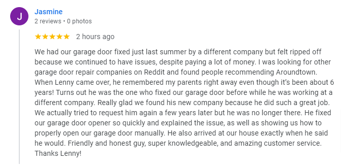 AroundTownDoors's tweet photo. Thanks Jasmine for your 5 star review this week!  
Aroundtown Garage Doors Ltd.
Call anytime for same day service!   
 
604-259-2534 https://t.co/1defAQxqJo