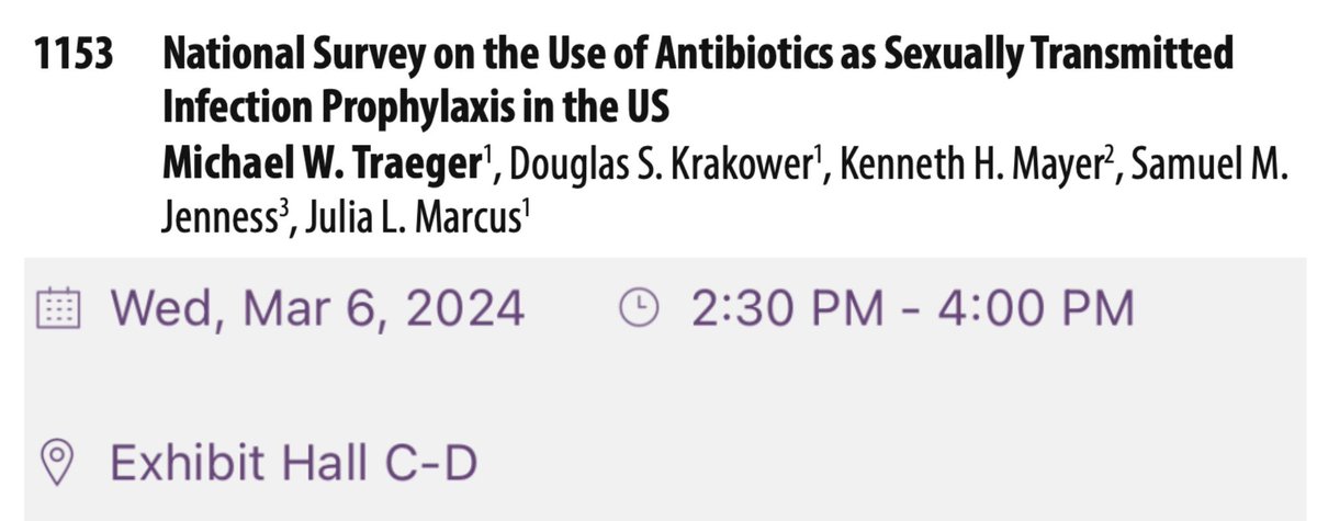 If you’re at #CROI2024 come say hi in tomorrow’s poster session! Presenting on STI prophylaxis use among gay men in the US.