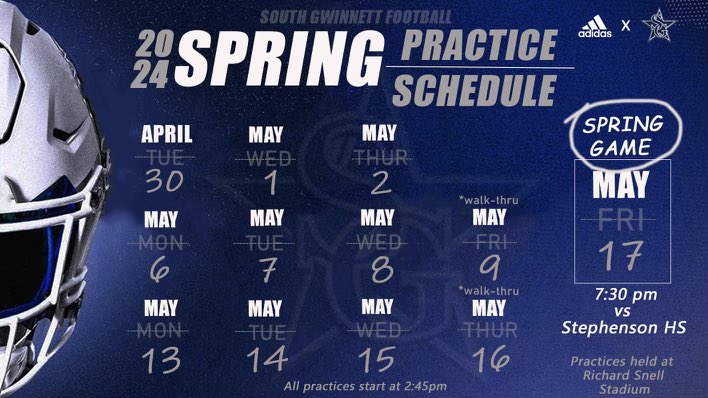 @CometsSGHS @GDPsports @RecruitNE_GA @RecruitGeorgia Spring Football Schedule South Gwinnett Comets