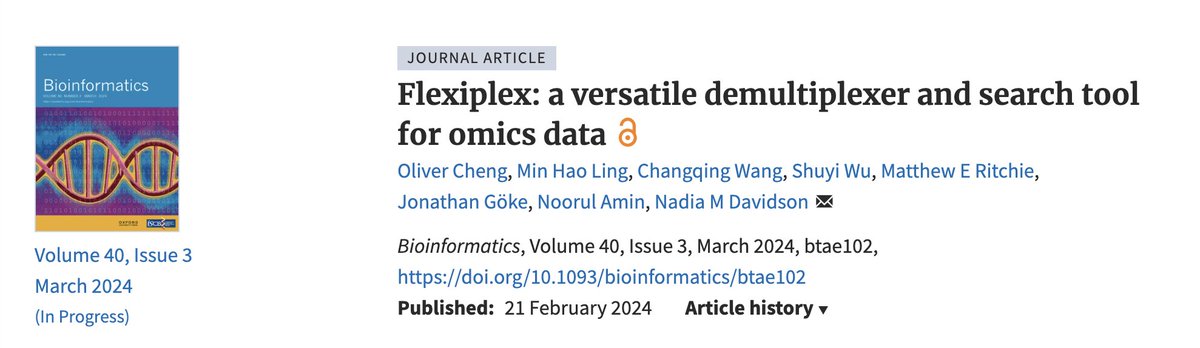 Nadia Davidson (@nadia_davidson) on Twitter photo Want an easy to use and fast error/SNP tolerate grep-like tool? Have complex barcodes or indices to demultiplex from raw `omics data? Flexiplex is now published, 🥳academic.oup.com/bioinformatics…, with some great software updates for even more flexibility, github.com/DavidsonGroup/… 1/3 Want an easy to use and fast error/SNP tolerate grep-like tool? Have complex barcodes or indices to demultiplex from raw `omics data? Flexiplex is now published, 🥳academic.oup.com/bioinformatics…, with some great software updates for even more flexibility, github.com/DavidsonGroup/… 1/3
