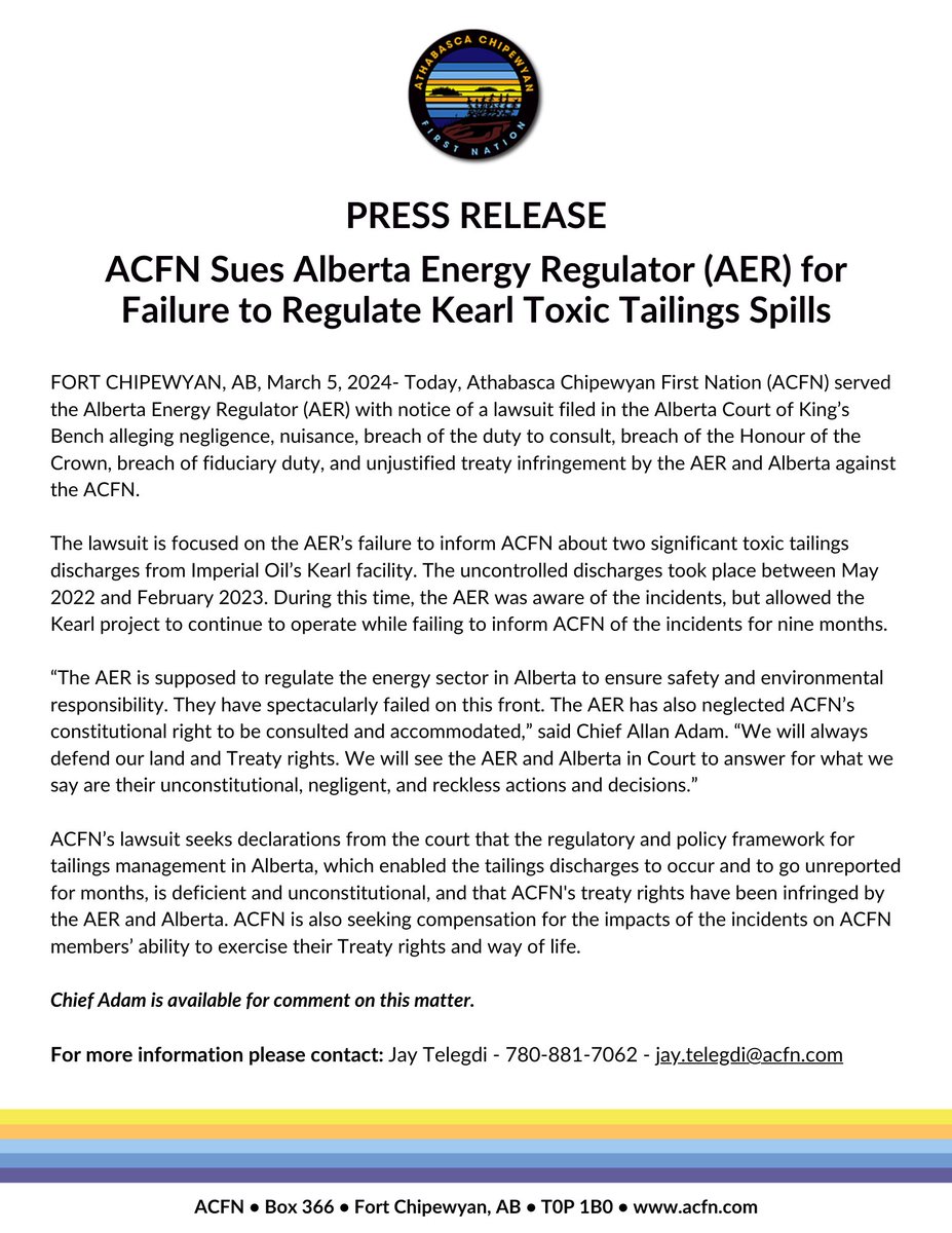 PRESS RELEASE - Today, ACFN served the Alberta Energy Regulator with notice of a lawsuit. ACFN is suing the AER for its failure to regulate Imperial Oil's Kearl facility. #ableg