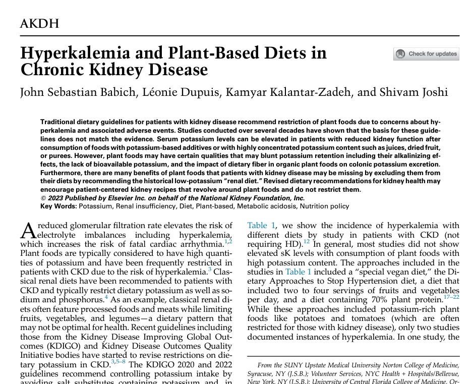 I'm excited to share this paper! TY to @kamkalantar @leoniedupuismd @jsbabich and @akdhjournal! Hyperkalemia and Plant-Based Diets in Chronic Kidney Disease Free access until 4/25/24! sciencedirect.com/science/articl…