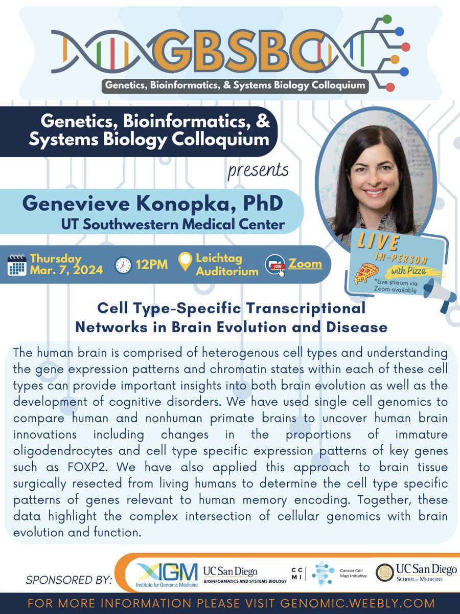 Joseph G. Gleeson (@jogleeson_ucsd) on Twitter photo Excited to welcome <a href="/KonopkaLab/">Konopka Lab</a> from @UTSWNews to <a href="/UCSDHealth/">UC San Diego Health</a> <a href="/UCSDJacobs/">UCSD Engineering</a> for our Genomics Seminar Series, this Thurs 12N in person, hosted by <a href="/sebatlab/">Jonathan Sebat</a>! "Cell type-specific transcriptional networks in brain evolution and disease". Excited to welcome <a href="/KonopkaLab/">Konopka Lab</a> from @UTSWNews to <a href="/UCSDHealth/">UC San Diego Health</a> <a href="/UCSDJacobs/">UCSD Engineering</a> for our Genomics Seminar Series, this Thurs 12N in person, hosted by <a href="/sebatlab/">Jonathan Sebat</a>! "Cell type-specific transcriptional networks in brain evolution and disease".