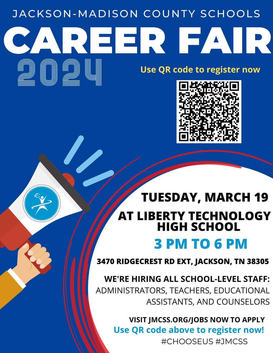 RhondaM20914300's tweet photo. ✨️PLEASE SHARE ✨️
Jackson-Madison County Schools @JMCSchools will be hosting their Annual Career Fair at Liberty Technology High School on Tuesday, March 19th, 3pm-6pm. Please scan the QR code on the flyer to register. Hope to see you there.
#JobAlert #Jobs #jobopportunit https://t.co/9jFnHSJXRd