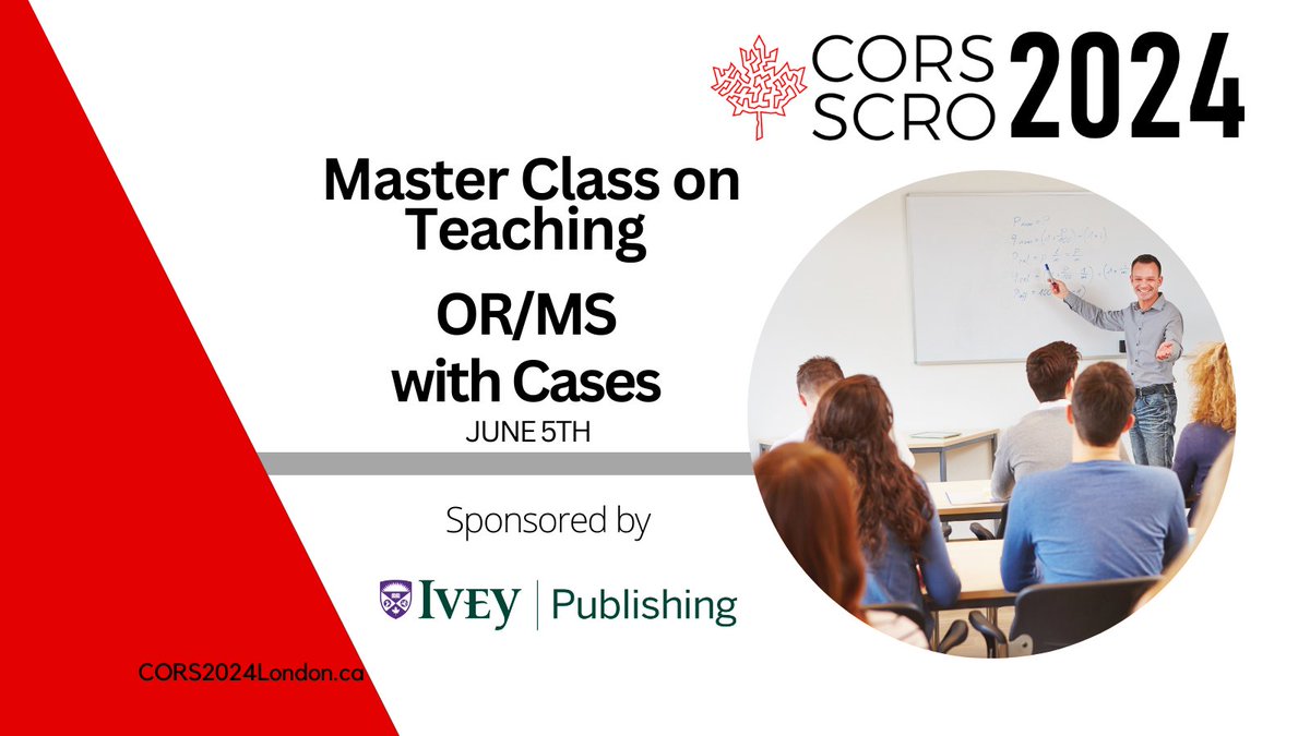 Dive into the world of case-based teaching by registering in the #CORS2024 Master Class on OR/MS  Case-based Teaching, sponsored by <a href="/IveyPublishing/">Ivey Publishing</a>  
Course registration required at: CORSLondon2024.ca Hosted by Ivey faculty Scott Loveland and Kyle Maclean