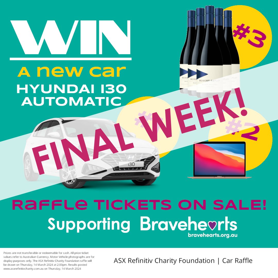 This is the final week to enter the ASX/Refinitiv Annual Car Raffle! Please share this with someone you know before the tickets sell out! Buy a ticket today: asxrcfau.com/console/raffle… #Bravehearts #ProtectKids #Raffle #CarRaffle