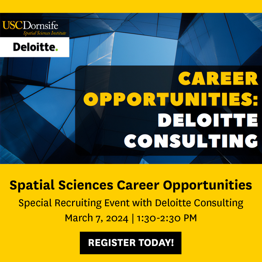 USC_SSI's tweet photo. π£ SSI Students!
Attend this @deloitte recruiting event to learn how #geodesign + #spatialsciences prepared two SSI alumni for a career in government consulting.
π
March 7 @ 1:30 PM PT
π @USC SOS B47 + Zoom
βΉοΈ Register: https://t.co/pzvn6KOXh8
#USCEvents @USCDornsife https://t.co/vdmVlyECn0