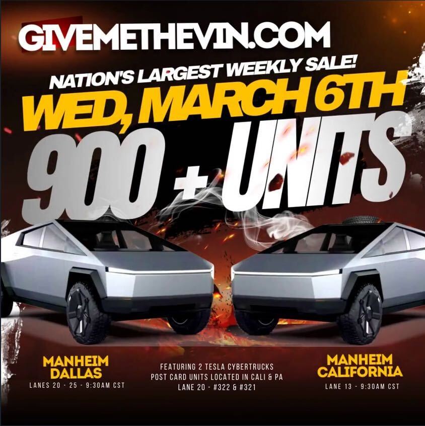 Tomorrow I'll be selling TWO Tesla Cybertrucks for GiveMeTheVin at the nation’s largest weekly auto sale. What do you think they'll go for? 👇

#autoauction #carsales #carauction #teslacybertruck #elonmusk