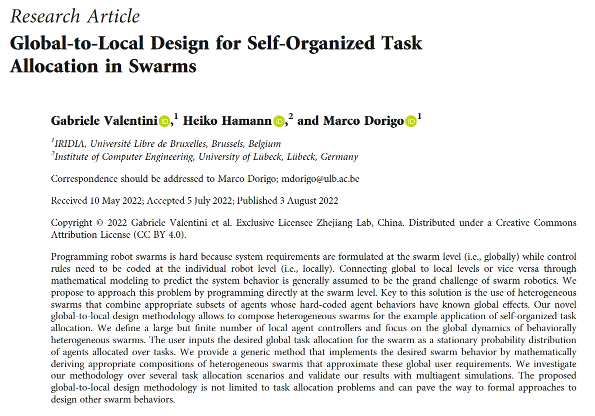 Research article
Global-to-Local Design for Self-Organized Task Allocation in Swarms
spj.science.org/doi/10.34133/2…
Gabriele Valentini <a href="/gvalentini85/">Gabriele Valentini</a>, Heiko Hamann <a href="/SwarmDynamics/">Heiko Hamann</a> and Marco Dorigo @MarcoDorigo_ULB
published on 3 Aug 2022