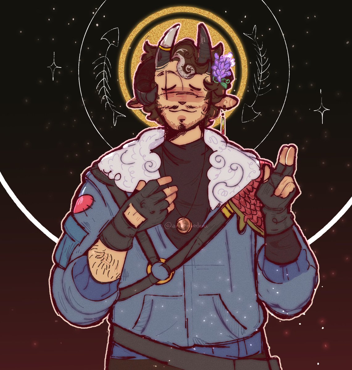 So I heard he wants to start a cult. i wonder whatever I could link that to.🤔🤔(it's Ghost songs)

Lilac flower in his hair (cuz Jimmy), Salmon shoulder plate, goat/sheep symbolism (jacob sheep horns)

[ #minecraftsos #minecraftsosfanart #mythicalsausagefanart @Mythicalsausage ]