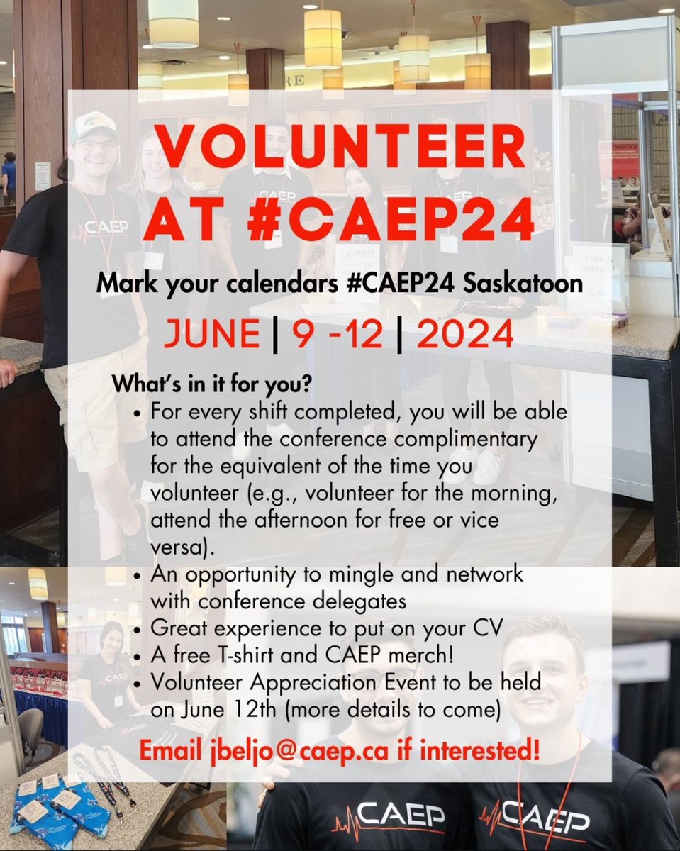 Residents and med students!!! Volunteer opportunity at #CAEP24 in Saskatoon! @CAEPConference @CAEP_Docs