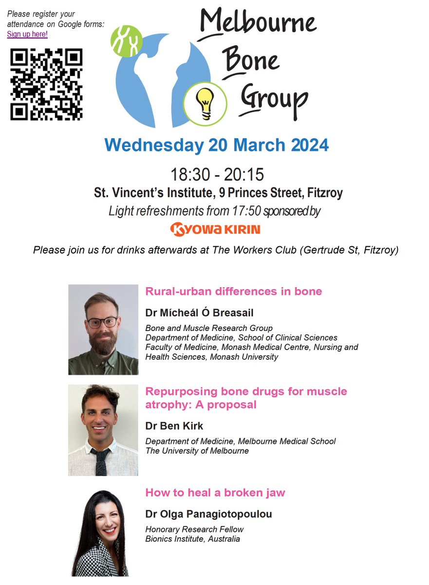 Only two weeks to go for the first Melbourne Bone Group meeting of 2024! Wednesday March 20th @SVIResearch. Register at shorturl.at/xABMP, and hear from @dropanagio @M_O_Breasail and Ben Kirk.