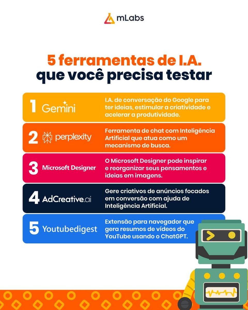 pelayoolea's tweet image. mLabs
5 ferramentas de Inteligência Artificial pra você testar 😉 Se liga: 

• Gemini: I.A. de conversação do Google – antes chamada Bard – ajuda ...
#marketingdigital #mktdigital #mktdigitalbrasil #empreender #empreendedorismo #criadordeconteudo #inteligenciaartificial