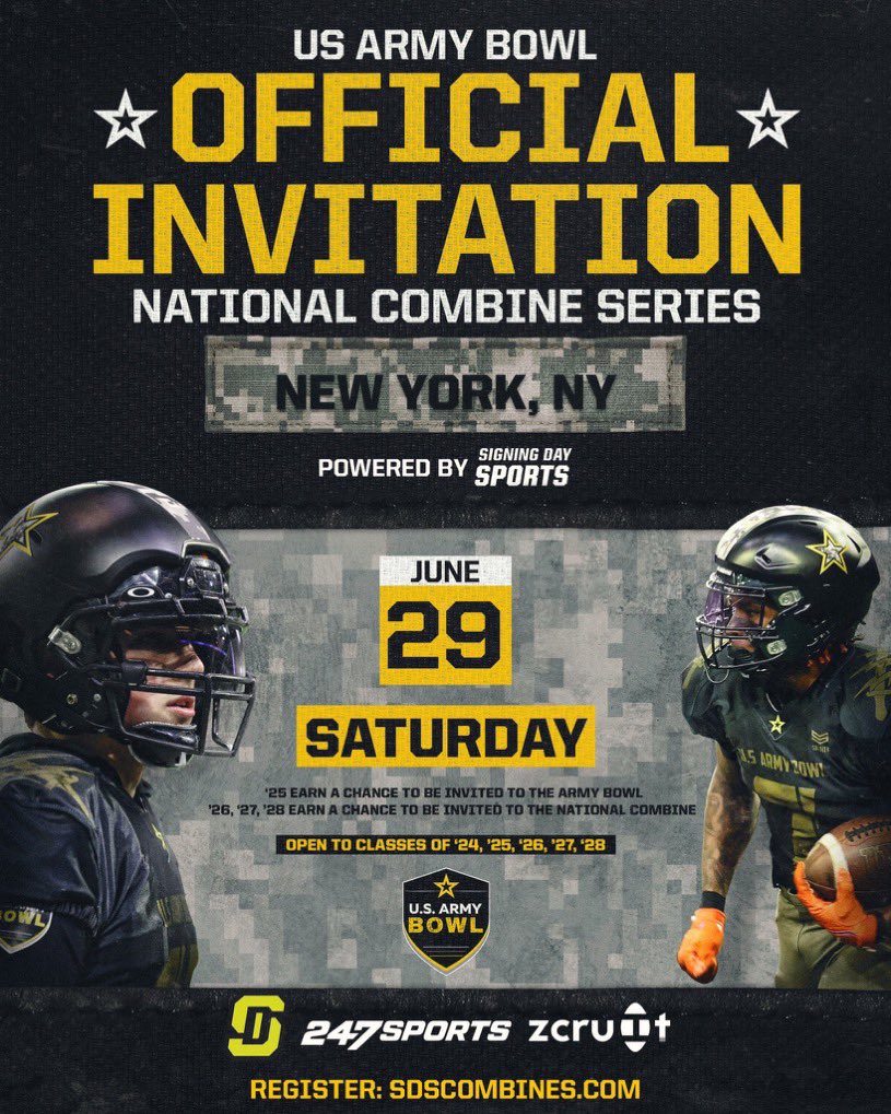 Thanks to @USArmyBowl for the the invite.
@StepinacSports  @StepinacMSG 
#classof2026 #FootballRecruitment
#CollegeFootballRecruiting #HighSchoolFootball
#FootballProspects
#FootballCombine
#FootballCamps
#FootballShowcase
#FootballScholarships