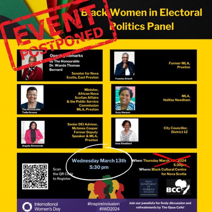 Dr. Maki Motapanyane (@afro_balkan) on Twitter photo Due to the weather forecast this week, we have postponed the Black Women in Electoral Politics Panel to Wednesday, March 13, 5:30 pm. Join us then for the same fantastic panel at <a href="/BCC_NS/">Black Cultural Centre for Nova Scotia</a> the Black Cultural Centre for Nova Scotia. Catering by Opus Cafe. ☀️ Due to the weather forecast this week, we have postponed the Black Women in Electoral Politics Panel to Wednesday, March 13, 5:30 pm. Join us then for the same fantastic panel at <a href="/BCC_NS/">Black Cultural Centre for Nova Scotia</a> the Black Cultural Centre for Nova Scotia. Catering by Opus Cafe. ☀️