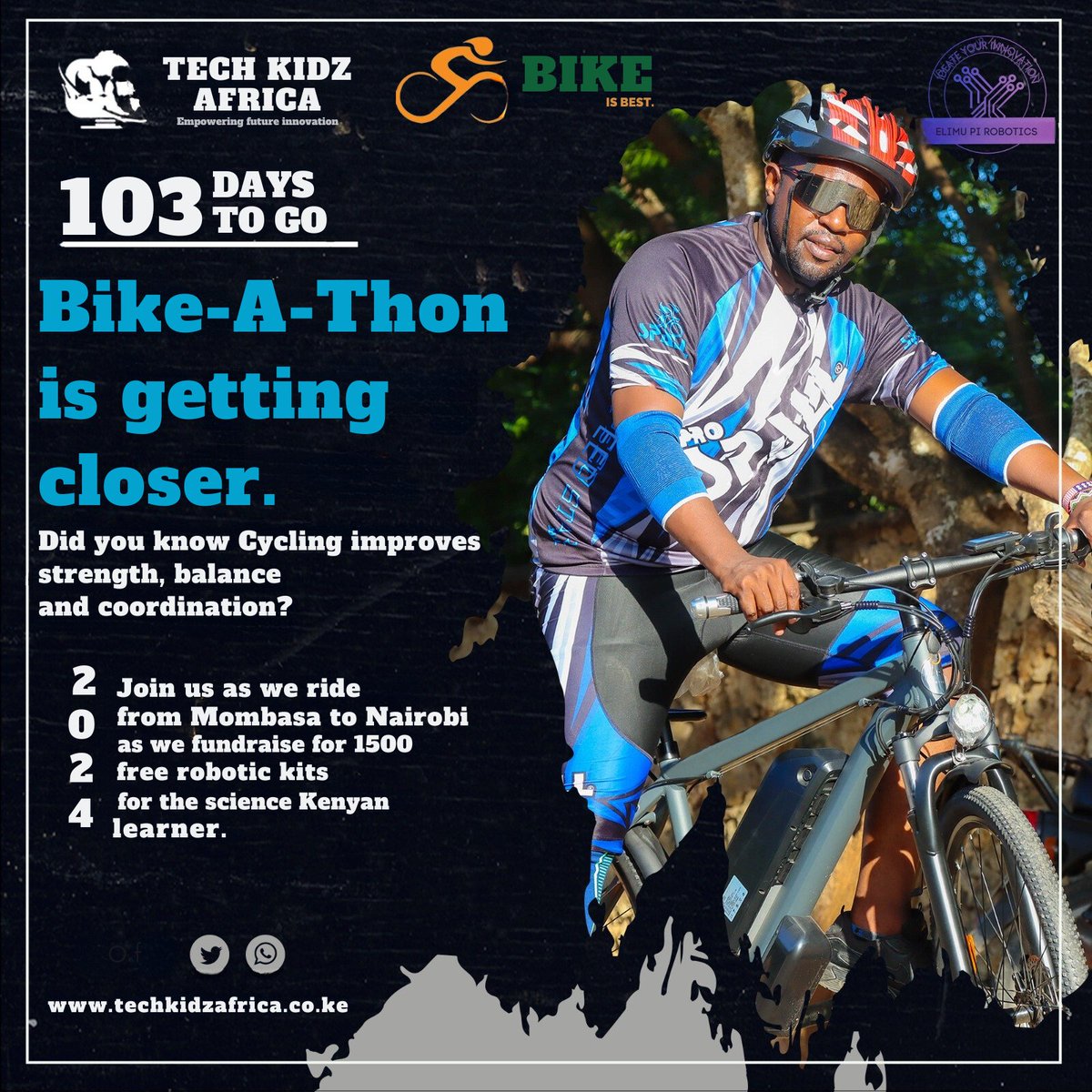 techkidzafrica's tweet image. Pedal with us from Mombasa to Nairobi for the Elimu Pi Bikeathon! Help us bring robotics education to marginalized groups. To get involved: 📞 Call: 0733754126 📧 Email: bikeathon@elimurobotics.com. See you in 100 days! #CycleForEducation #RoboticsForAll #ElimupiBikathon