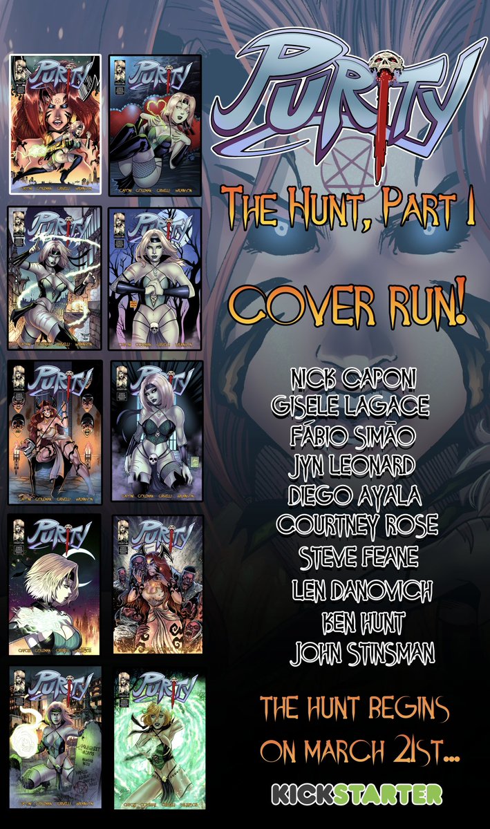 The official cover run for Purity#2! I’m beyond excited to see them all lined up like this. The lineup on this issue is INSANE! Stick around for March 21st and back your favorite cover…or all of them!! And wait until you see the stretch goals…😉 kickstarter.com/projects/nickc…