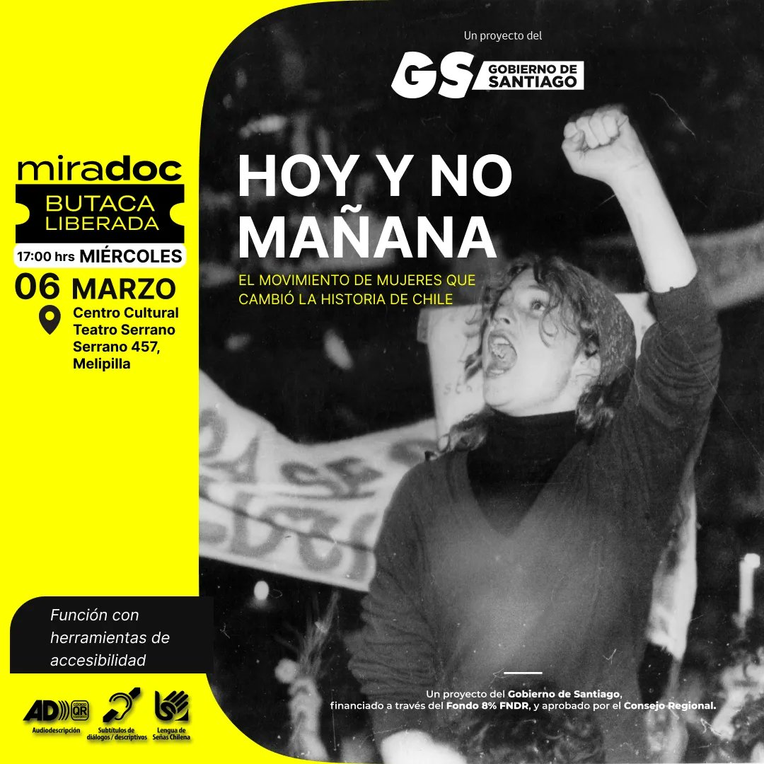 🎥🍿 Mañana arranca Miradoc Butaca Liberada con documentales gratuitos en 11 comunas de la Región Metropolitana y otras regiones de Chile. ¡No te pierdas "Hoy y no mañana" de Josefina Morandé en Melipilla! 📽️✨ #MiradocButacaLiberada #CineGratis #Accesibilidad