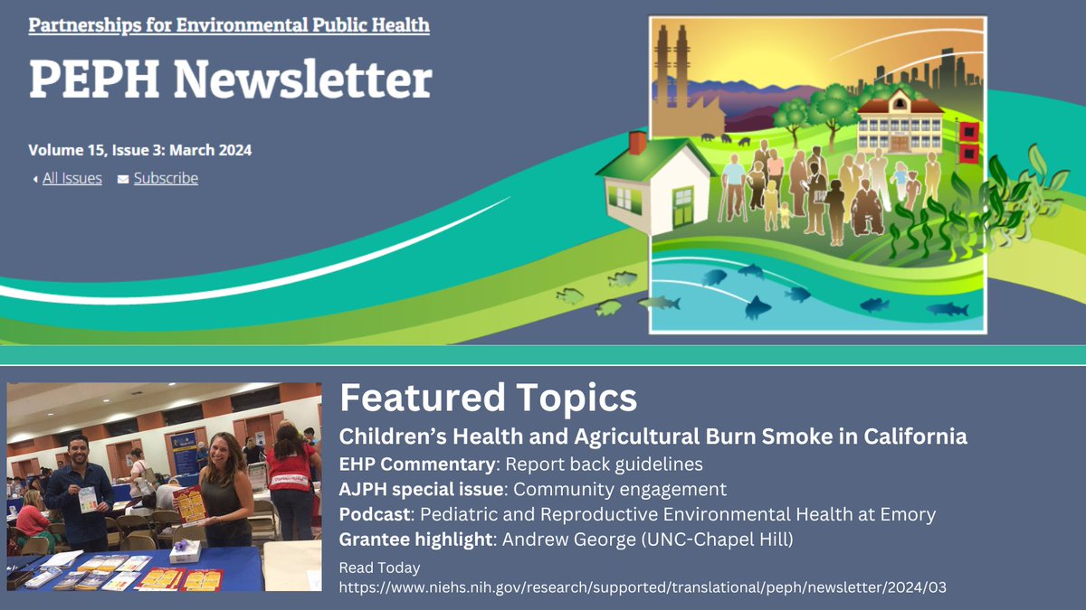 The March #PEPH newsletter is out! Read about how an #NIEHSFunded team from @USC and @CCVHealth responded to community concerns about children’s health in rural California. Also learn about a special AJPH issue on community-engaged COVID-19 research. niehs.nih.gov/research/suppo…