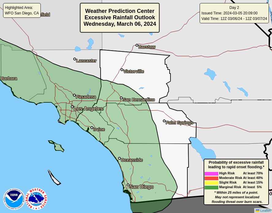 NWSSanDiego's tweet photo. What is the probability of heavy rainfall, or 0.5 inches of rain within a 6 hour period during Wednesday evening?  - here is a map depicting this threat for #socal #cawx https://t.co/H9G8jgzotf