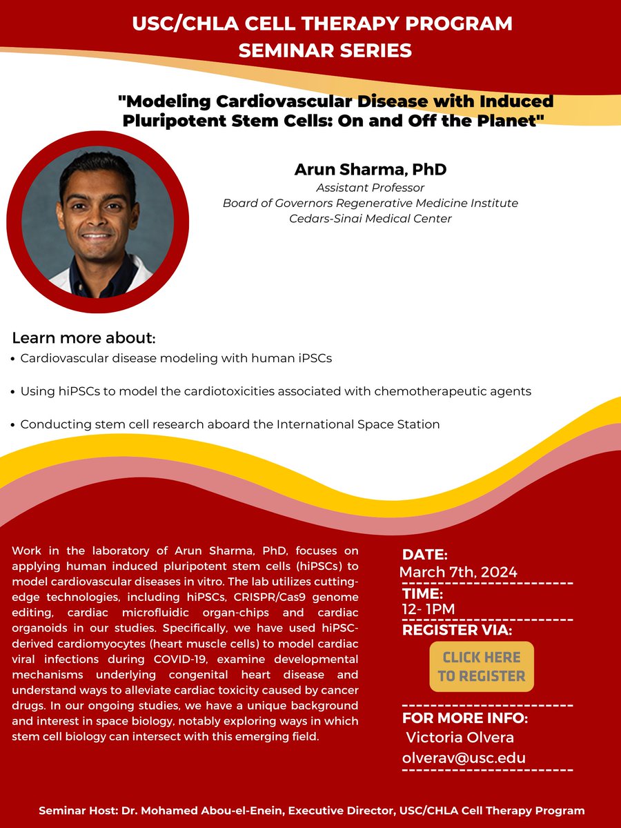 We are excited to have @ArunSharmaPhD share with us this Thursday 12 pm (PT) in our Cell Therapy Seminar. Register today: usc.zoom.us/meeting/regist… and join us. See you there!