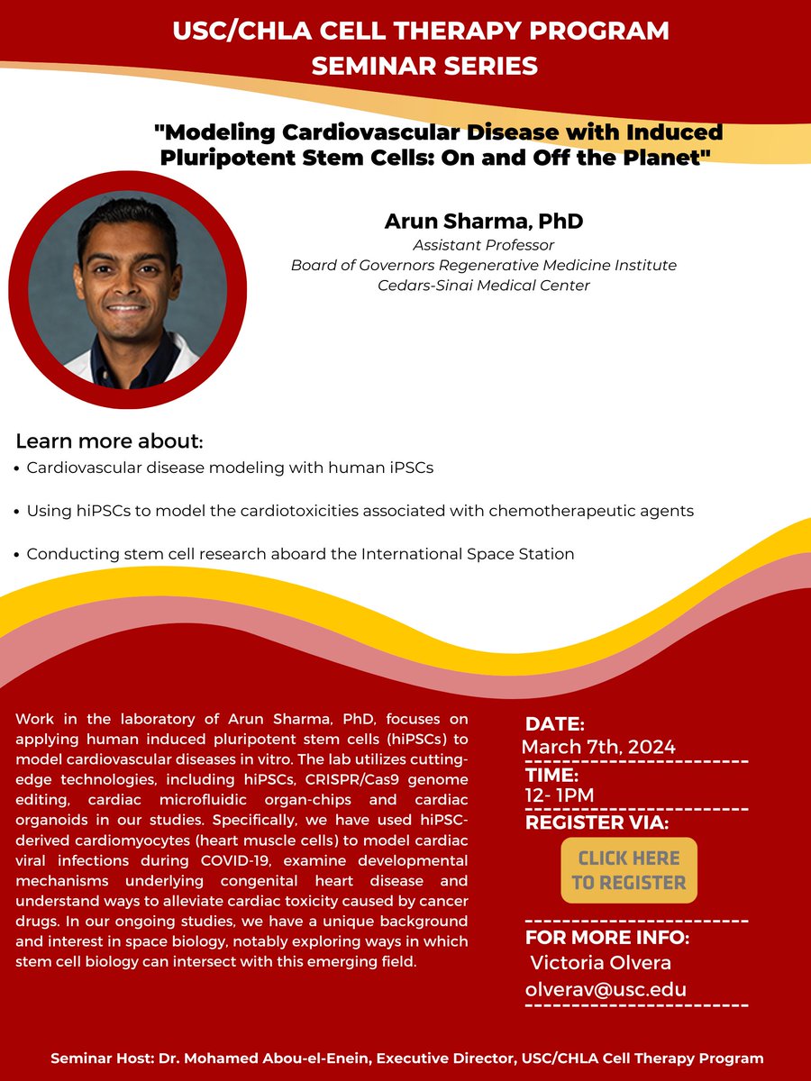 USC/CHLA Cell Therapy Program (@usc_chla_ctp) on Twitter photo We are excited to have <a href="/ArunSharmaPhD/">Arun Sharma</a> share with us this Thursday 12 pm (PT) in our Cell Therapy Seminar. Register today: usc.zoom.us/meeting/regist… and join us. See you there! We are excited to have <a href="/ArunSharmaPhD/">Arun Sharma</a> share with us this Thursday 12 pm (PT) in our Cell Therapy Seminar. Register today: usc.zoom.us/meeting/regist… and join us. See you there!