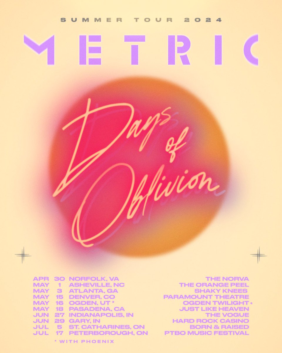 It’s happening 🕶️ Pre-sale for our Days Of Oblivion Summer Tour starts Wednesday, March 6 at 10AM local. First access to tickets in our app. Download at ilovemetricapp.com. General on-sale is Friday at 10AM local.