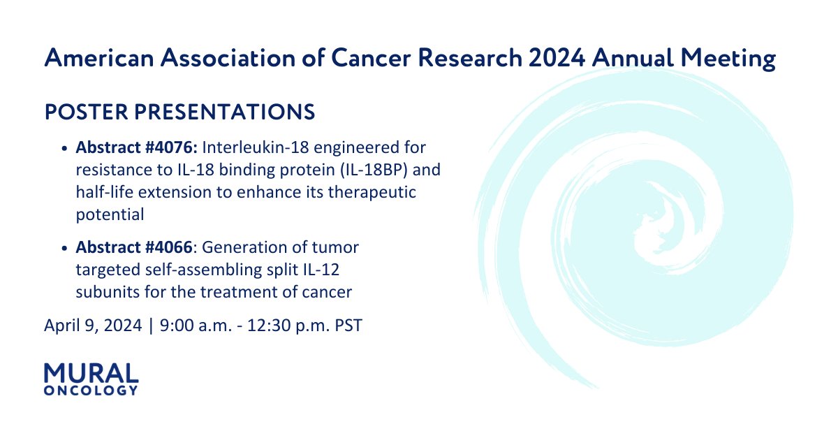 MuralOncology's tweet image. We're excited to join the #cancerresearch community at the @AACR 2024 Annual Meeting. Learn about our poster presentations, which will be the first preclinical data Mural will present from our IL-18 and IL-12 programs: bit.ly/4c25OSQ 
#AACR24