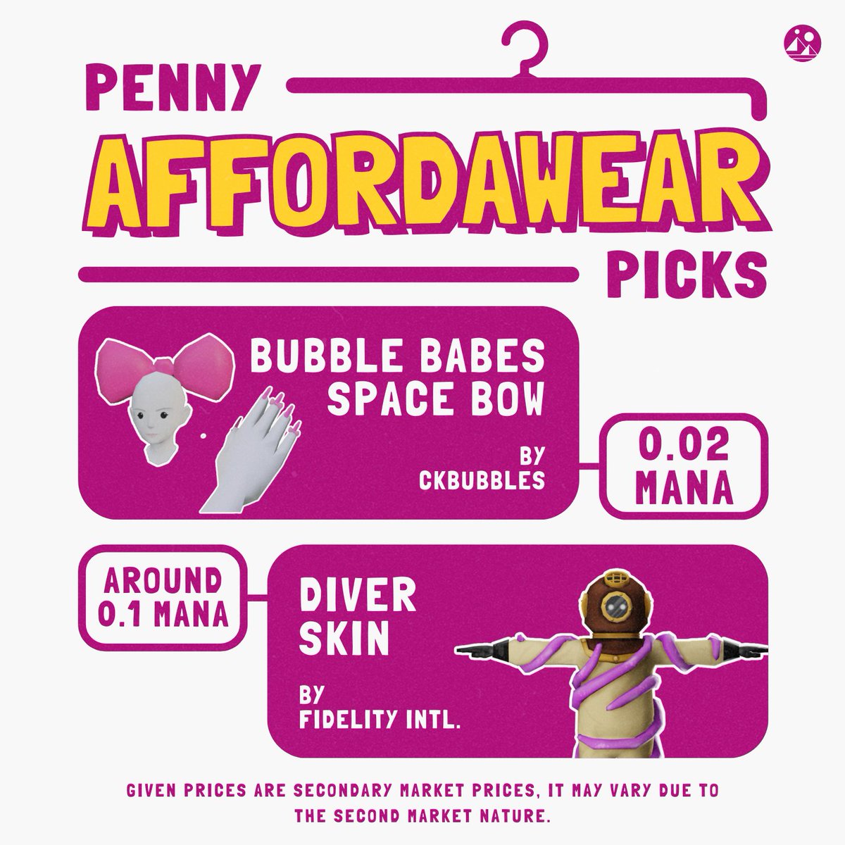 Check out this week's affordable wearables with #Affordawear in #Decentraland Marketplace!👇

💅- Bubble Babes Space Bow by <a href="/iamckbubbles/">ckdesignedit / ckbubbles</a> 
🤿- Diver by <a href="/Fidelity/">Fidelity Investments</a>

Share your favorite budget-friendly gems below for next week's Affordawear. 🛍️