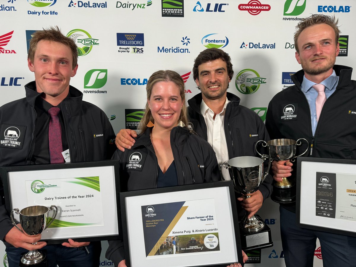 Congrats to Alvaro Luzardo, Ximena Puig, Rene Ten Bolscher and Kieran Scannell for wins at last night’s 2024 Hawke’s Bay/Wairarapa Dairy Awards 👏 Alvaro and Ximena were Share Farmers of the Year, Rene won Manager of the Year, and Kieran took out the Trainee of the Year title 🏆