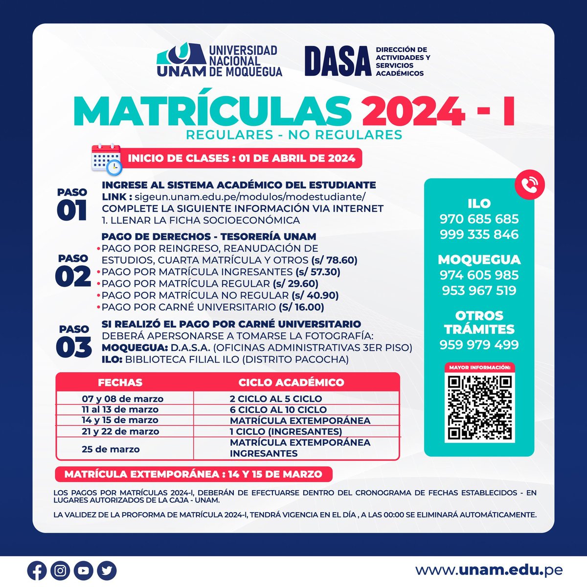 📷 #LaUnamTeInforma | 𝗣𝗥𝗢𝗖𝗘𝗦𝗢 𝗗𝗘 𝗠𝗔𝗧𝗥𝗜́𝗖𝗨𝗟𝗔 𝗨𝗡𝗔𝗠 𝟮𝟬𝟮𝟰-𝗹 📷📷

📷 Ingrese al Sistema Académico del Estudiante
Link :
Sigeun.unam.edu.pe/modulos/modest…