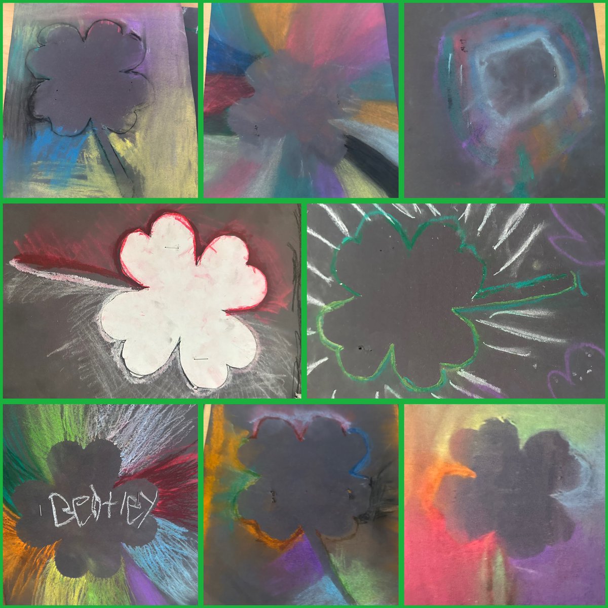 MrsAEGrant's tweet photo. The grade 2/3s @hcbrantford got creative with chalk pastels to create these shadow shamrocks “For each petal on the shamrock this brings a wish your way. Good health, good luck and happiness for today and every day.” https://t.co/UpZWM9TWts