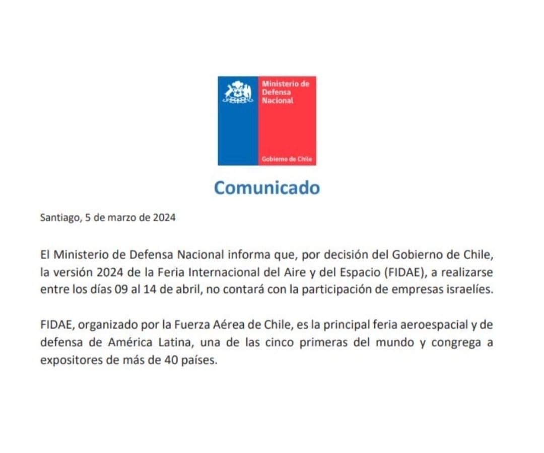lmrendon's tweet photo. Bravo por el @GobiernodeChile! Los genocidas de @Israel expulsados de @FIDAE_OFICIAL 👏👏👏 Viva Palestina Libre! https://t.co/J5eKisVony